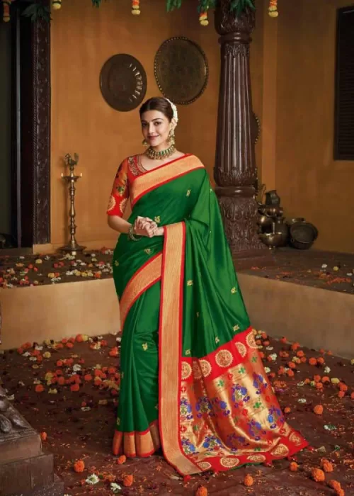 Jade green and red chiffon silk with Paithani border