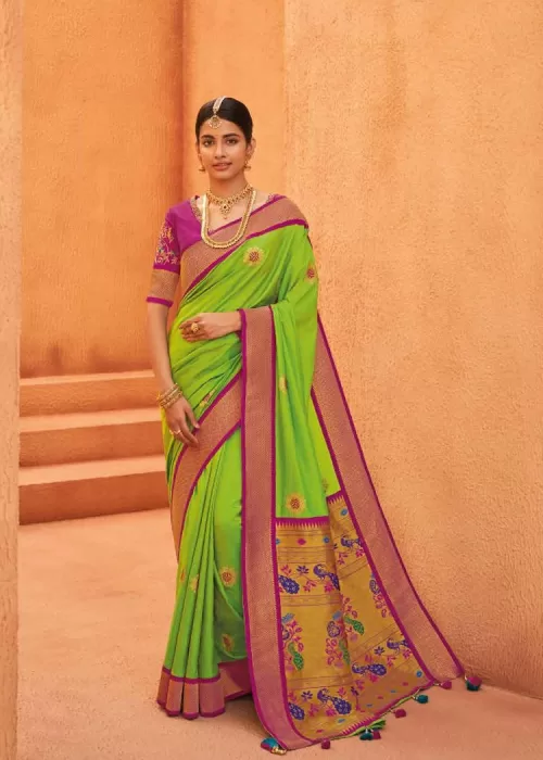 Parrot green chiffon silk with Paithani border