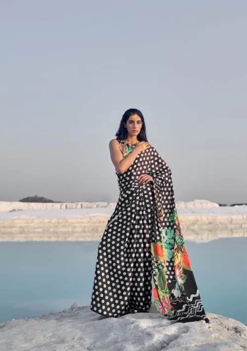 Black polka dots Japan satin saree