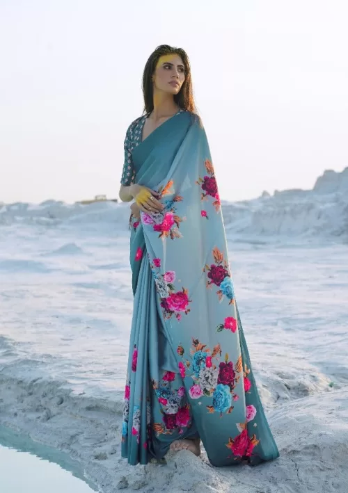 Blue floral printed Japan satin saree