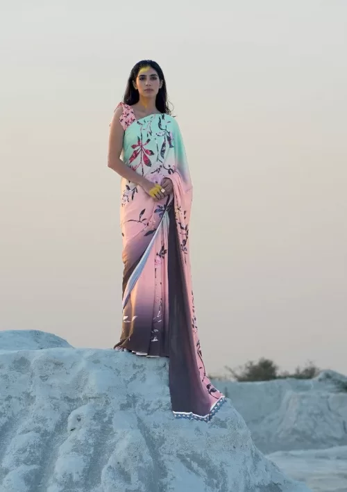 Sea green and pink floral printed sari