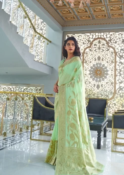 Pastel pista green and gold Chanderi saree