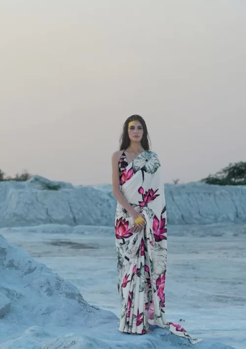 White and pink floral printed saree