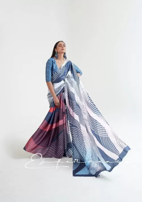 Brown, white and blue abstrat print saree