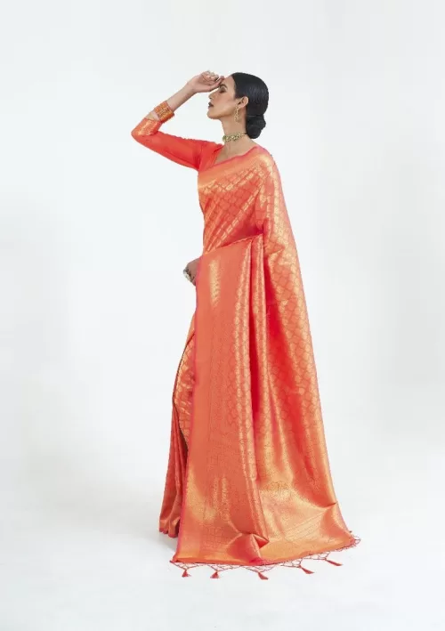 Tangerine orange Kanjivaram saree with zari work