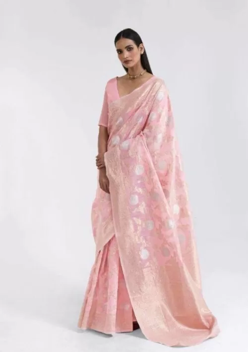 Pastel french rose Chanderi saree with gold embellishment