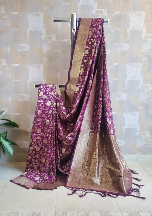 Eggplant violet banarasi katan silk saree