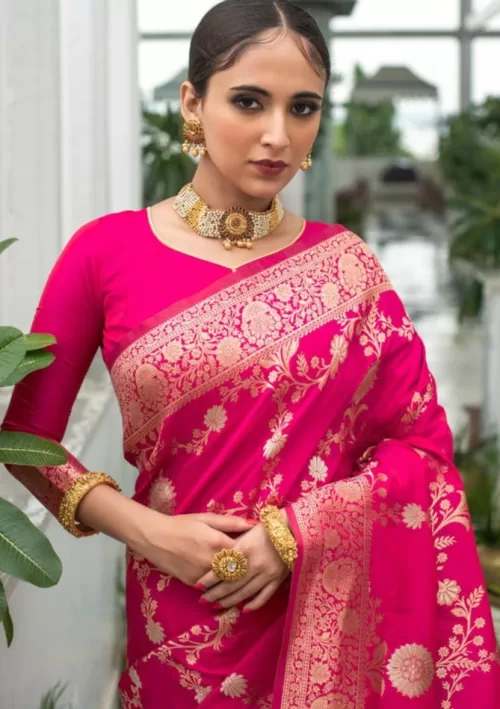 Carnation pink banarasi silk saree