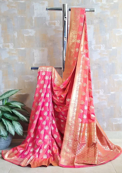 Lipgloss pink banarasi katan silk saree