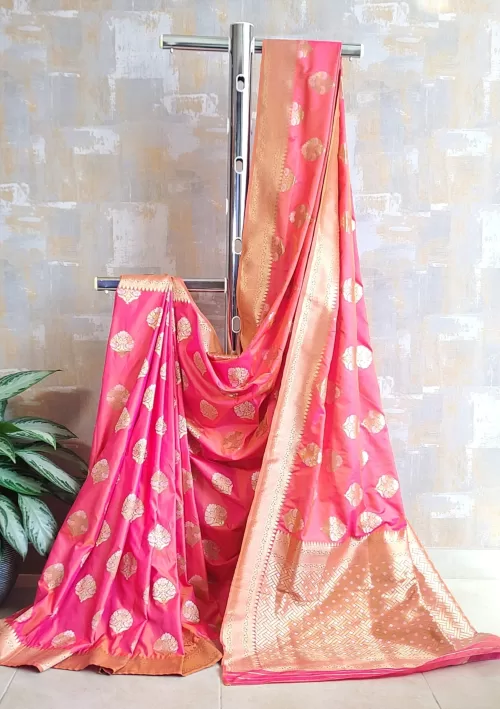 Gerbera peach banarasi katan silk saree