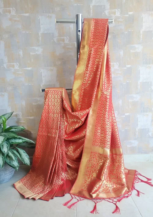 Kanjivaram silk saree in wedding-red and gold