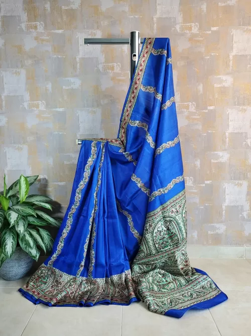 Madhubani pure silk patlipallu saree in aster blue