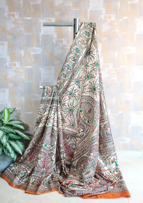 Madhubani pure silk saree in rust