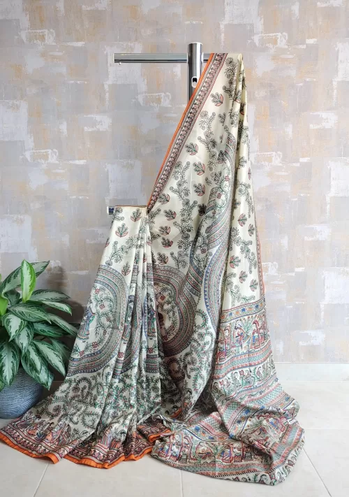 Cream and rust Madhubani pure silk saree