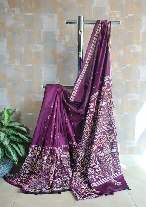 Mulberry purple Kantha saree in Bangalore silk