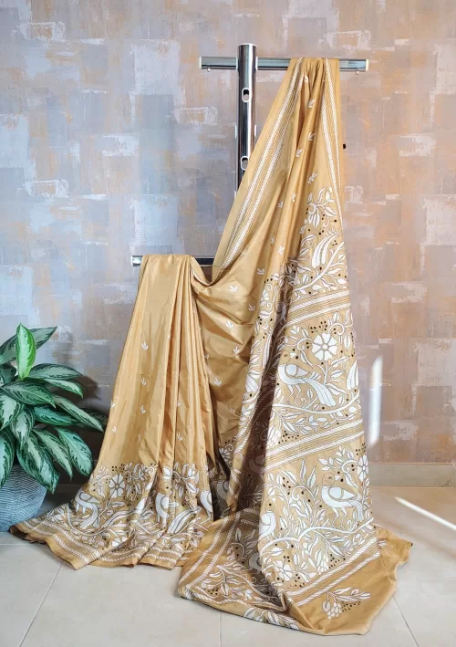 Kantha saree in Bangalore silk in biscotti beige