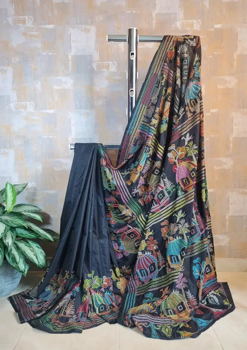 Charcoal black Kantha saree in Bangalore silk