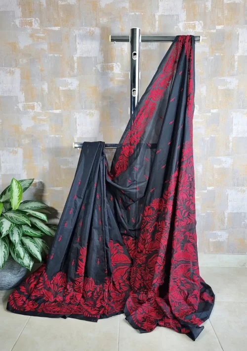 Kantha saree in Bangalore silk in pitch black