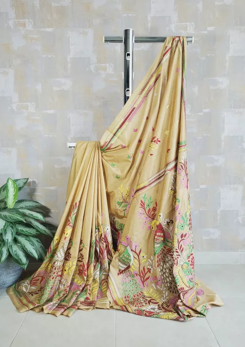 Sandy beige Kantha saree in Bangalore silk