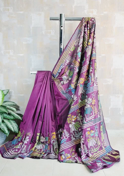 Kantha saree in Bangalore silk in deep plum