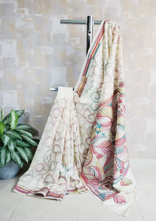 Porcelain white kantha saree in pure tussar silk