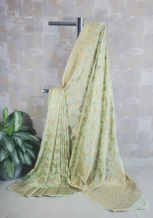 Pure georgette khaddi jaal banarasi saree in effervescent green