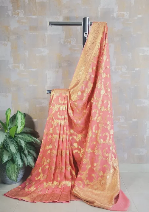 Pure georgette khaddi jaal banarasi saree in hollyhock peach