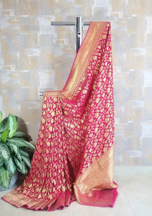 Pure georgette khaddi jaal banarasi saree in royal magenta