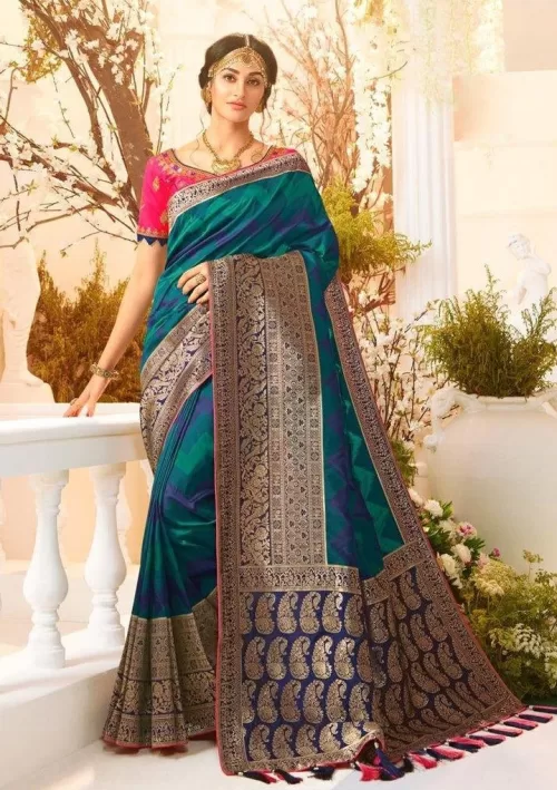 Zigzag striped blue and green Banarasi saree