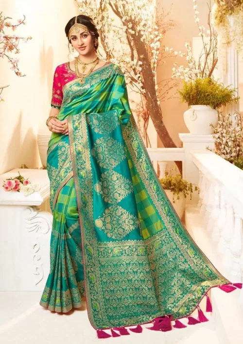 Chequered mint and emerald green Banarasi saree