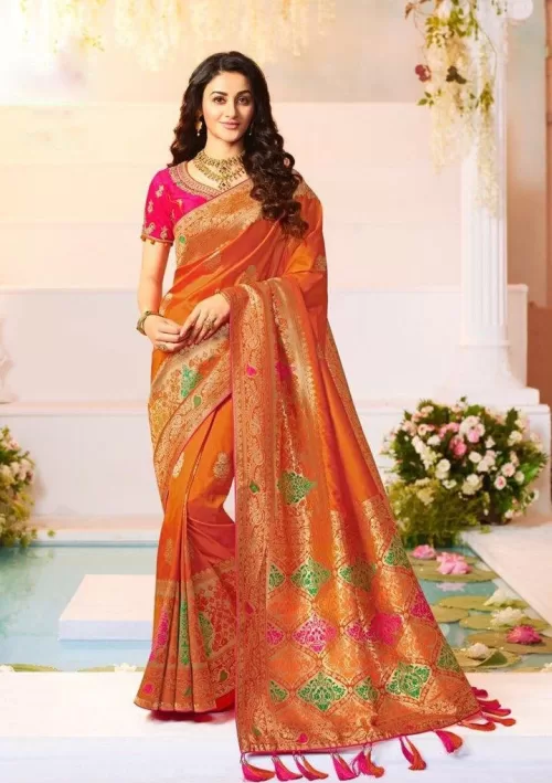 Sunkissed orange and gold Banarasi saree