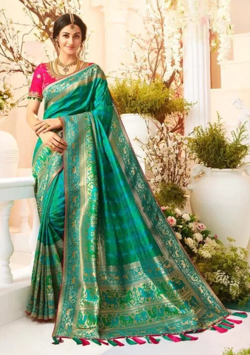 Jade green and gold chequered Banarasi saree