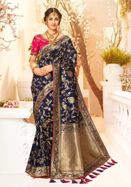 Dark blue floral jacquard Banarasi saree