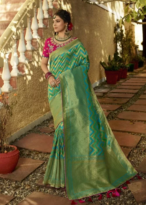 Spring green and gold Banarasi saree