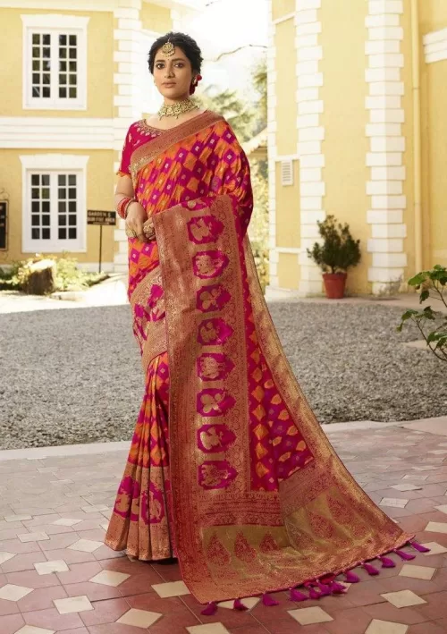 Magenta and orange Banarasi saree