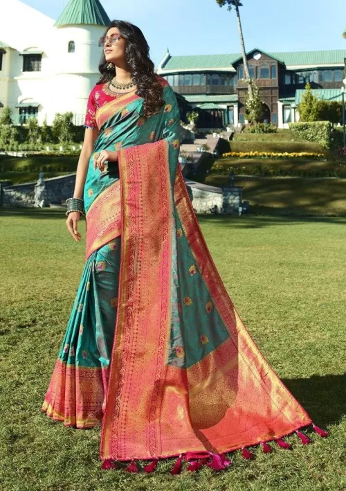 Turquoise blue and magenta Banarasi saree