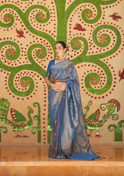 Slate blue and gold kanjivaram silk saree