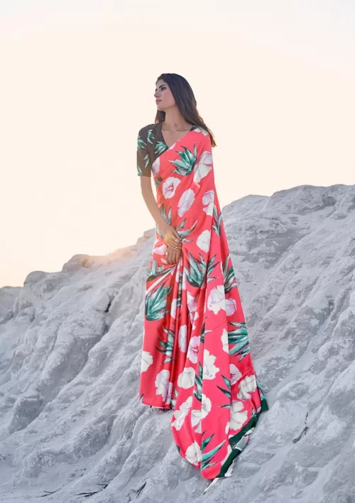 Tomato pink floral printed Japan satin saree