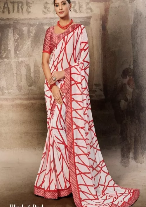 Printed saree with crisscross stripes in white and red