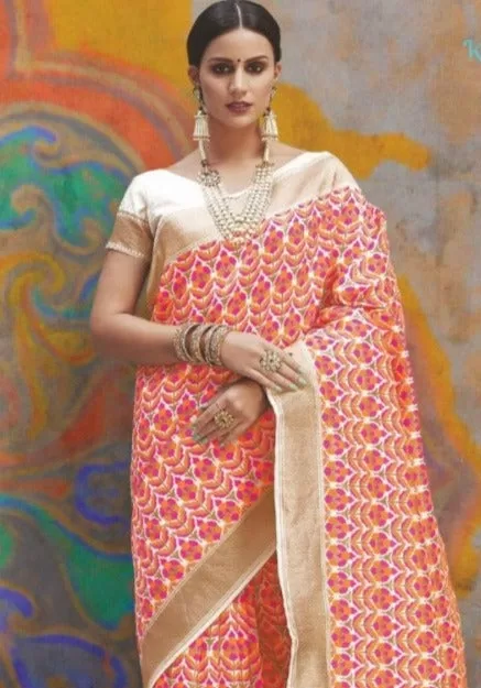 Victorian white and red handloom silk saree